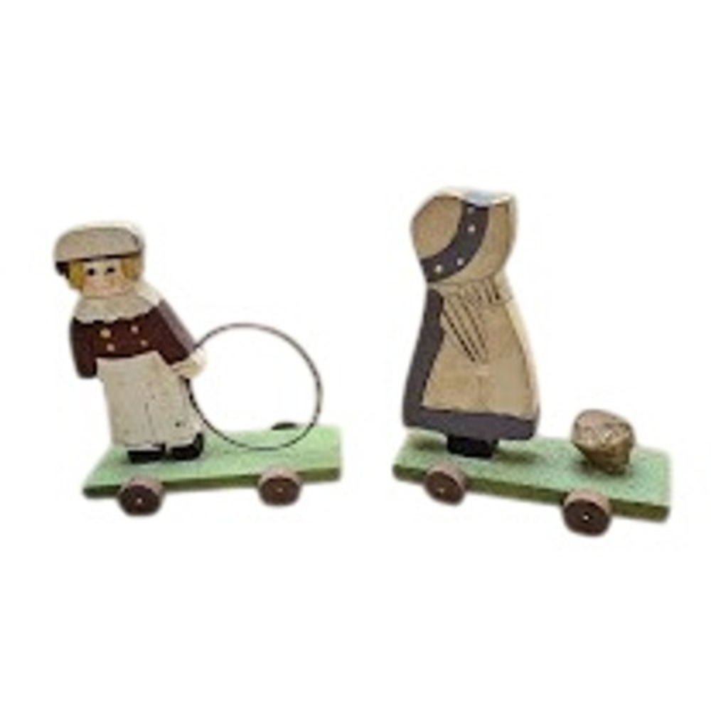 Vintage Sweet Lavender Wooden Pilgrim Girl Boy‎ Rolling Toys Decor